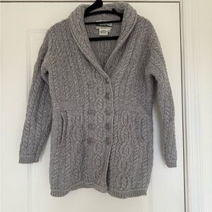 Aran Crafts Cardigan Hand Crafted Irish 100% Merino Wool Grey Chunky Knit Sz XS